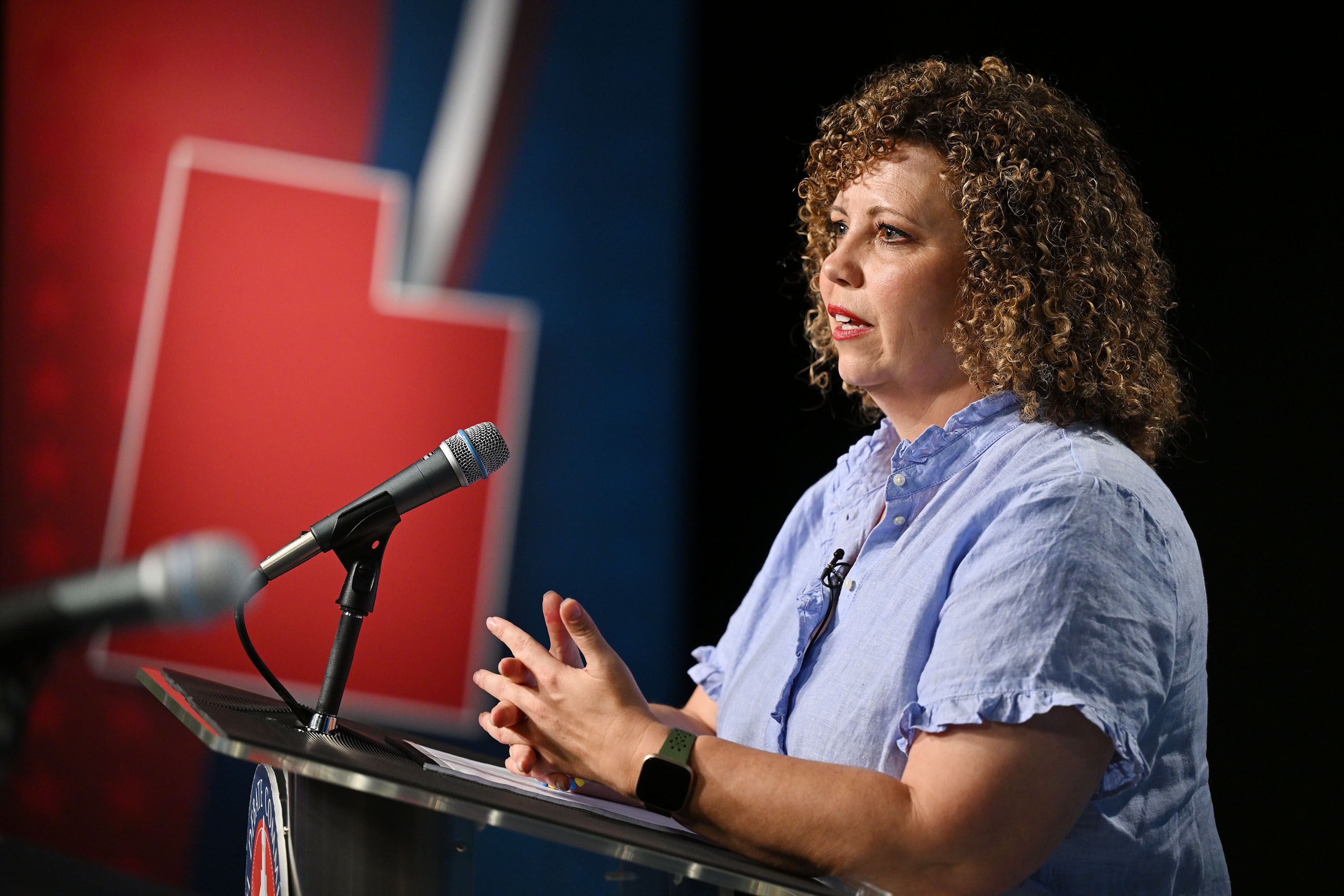 Congresswoman Celeste Maloy speaks after Utah’s 2nd Congressional district debate at the University of Utah in Salt Lake City on Monday. Maloy was endorsed Thursday by her colleagues Reps. John Curtis, Blake Moore and Burgess Owens.