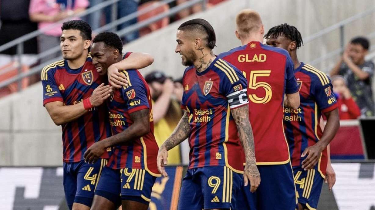 Real Salt Lake celebrates a goal at America First Field.