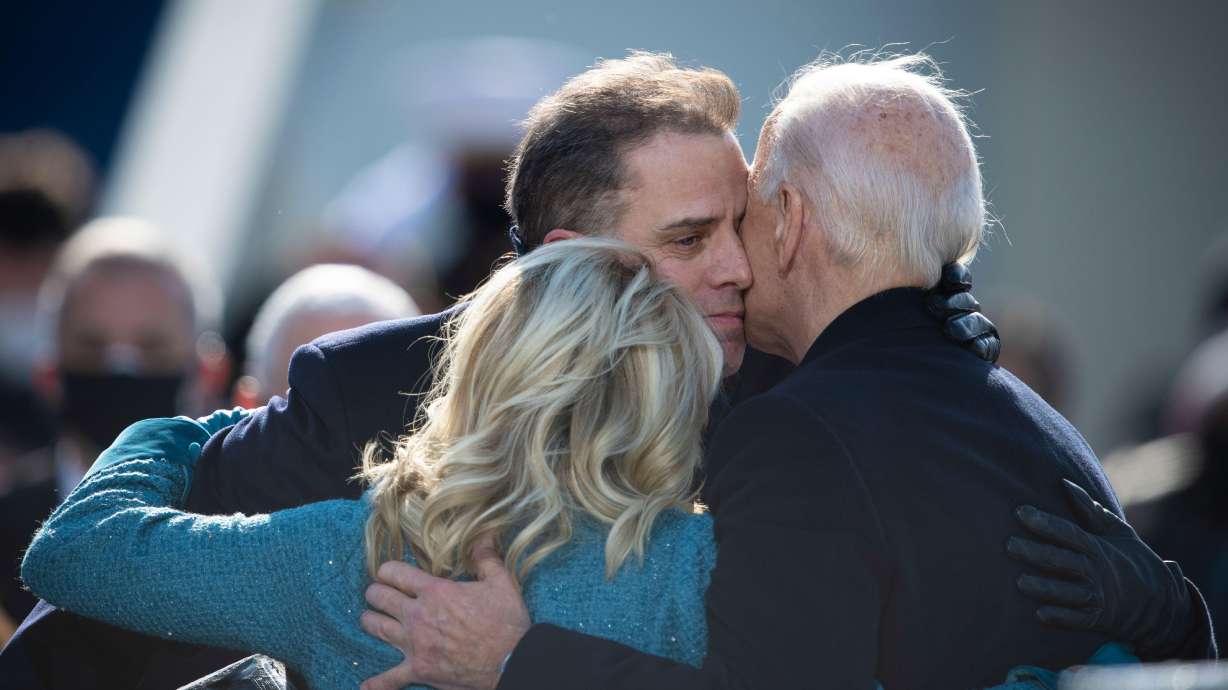 President Joe Biden embraces first lady Jill Biden and son Hunter Biden at the Capitol Jan. 20, 2021. Joe Biden on Thursday offered his first public remarks about his son's conviction.