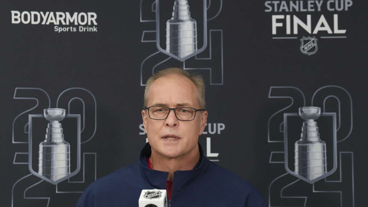 Florida Panthers coach Paul Maurice speaks to the media the day after Game 1 of the NHL Stanley Cup final against the Edmonton Oilers in Fort Lauderdale, Fla., Sunday, June 9, 2024.
