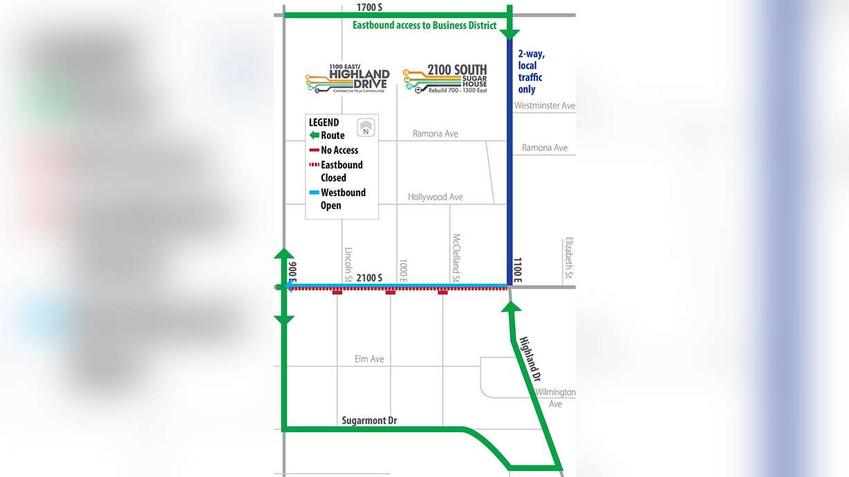 A map of suggested detours while eastbound traffic is closed on 2100 South between 900 East and 1100 South. The closure will begin on Monday and is expected to last into mid-August.