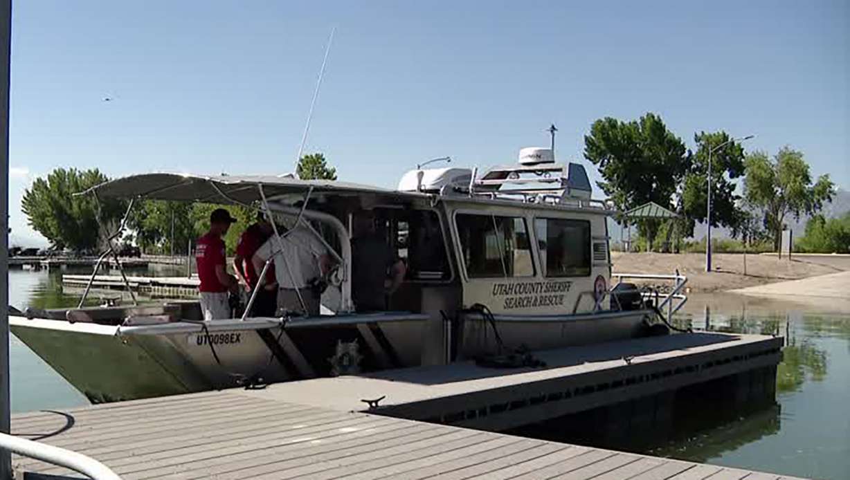 Utah County search and rescue shows off a new 30-foot aluminum Munson boat at Utah Lake Thursday. It is the team's newest lifesaving tool.