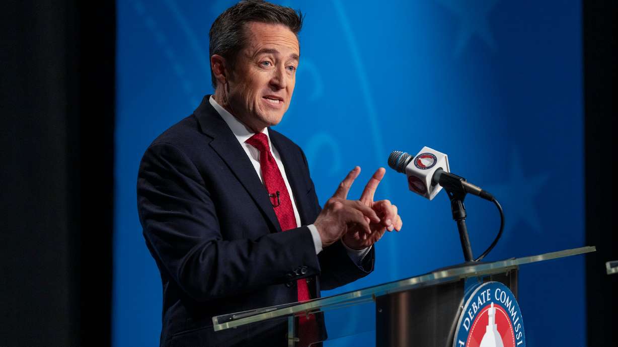 Derek Brown answers questions during a media scrum after the attorney general GOP primary debate with Frank Mylar and Rachel Terry at the KUED Studio on Tuesday. Rep. Blake Moore has endorsed Brown.