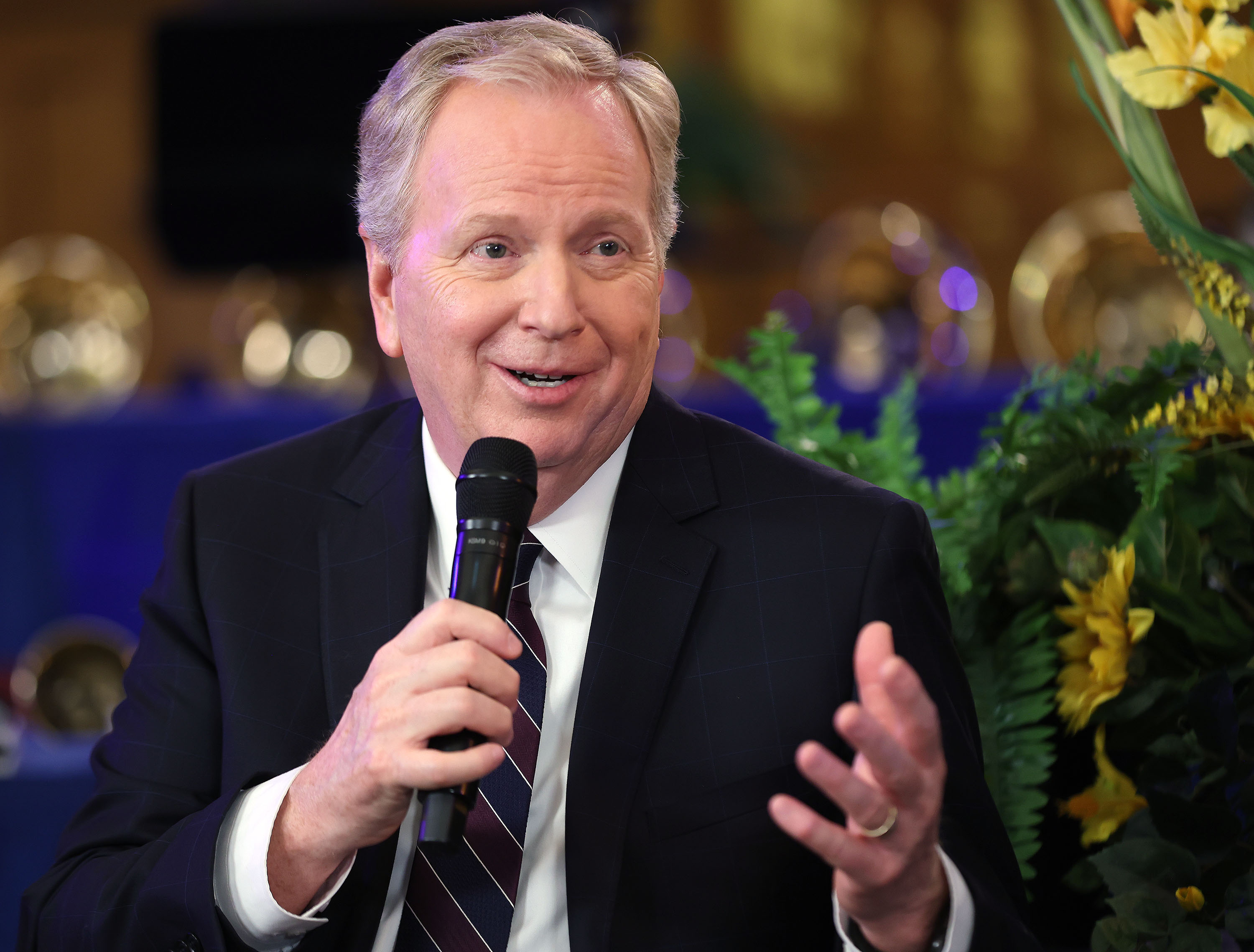 Longtime announcer Lloyd Newell speaks as Derrick Porter is announced as the new voice of the Tabernacle Choir at Temple Square in Salt Lake City on Friday.