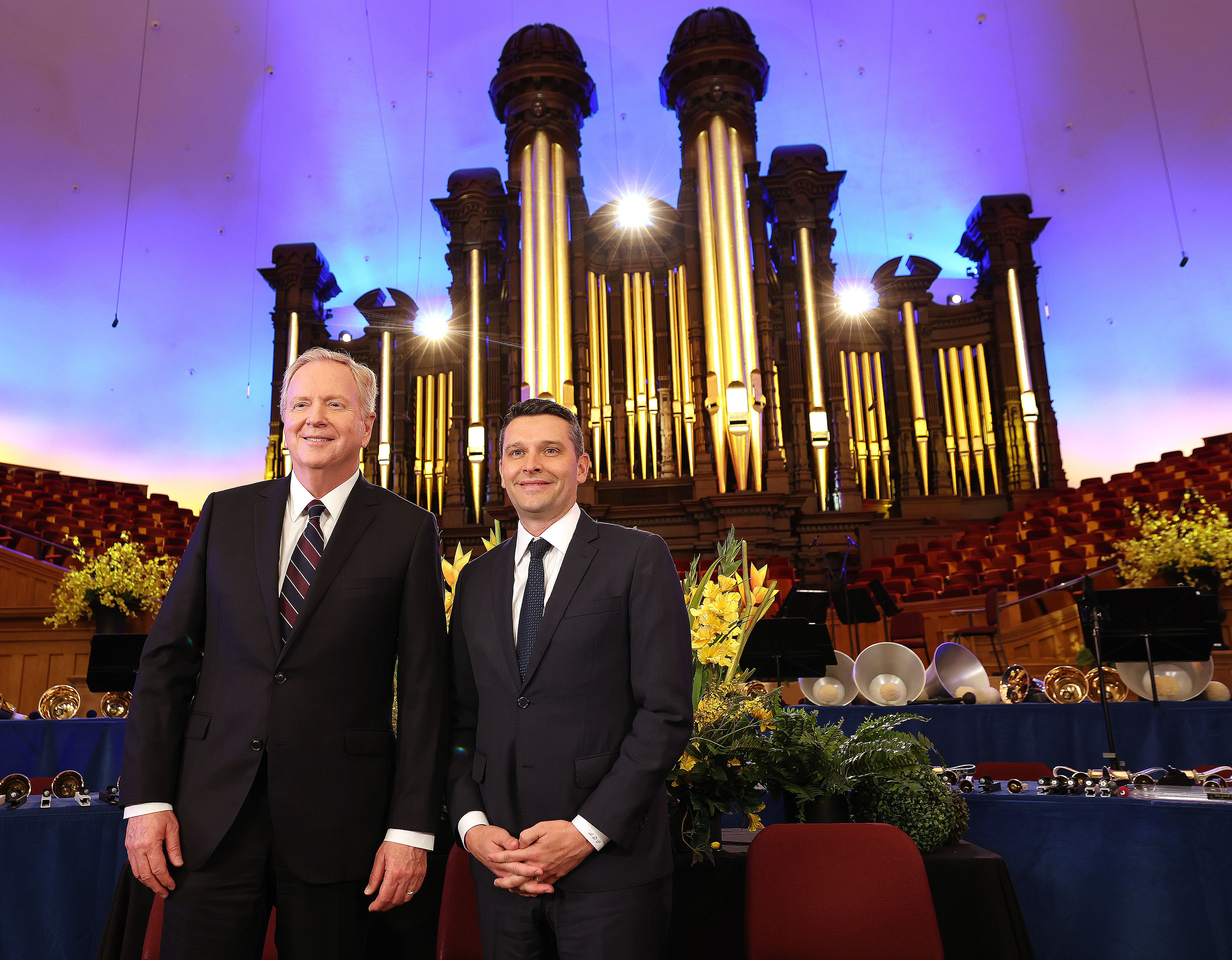 Lloyd Newell, left, and Derrick Porter stand together as Porter is announced as the new voice of the Tabernacle Choir at Temple Square in Salt Lake City on Friday. Porter’s first "Music & the Spoken Word" broadcast will be on June 23.