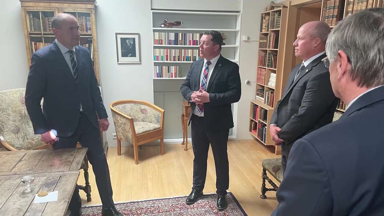 Iceland President Guðni Th. Jóhannesson, left, speaks to the Utah delegates who are visiting the country. While the Utah delegation explored the state's potential of using geothermal energy in Iceland, a pioneer-era connection grew the bond between the two.