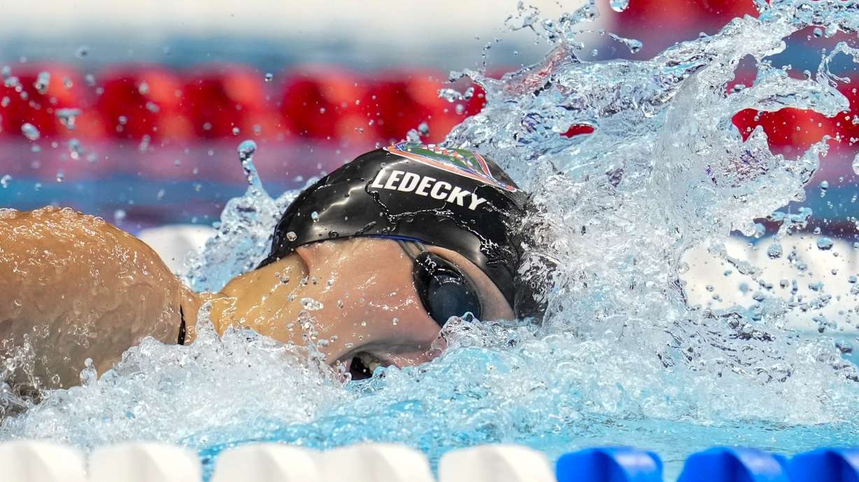 Katie Ledecky swims during the Women's 400 freestyle preliminaries Saturday, June 15, 2024, at the US Swimming Olympic Trials in Indianapoils.