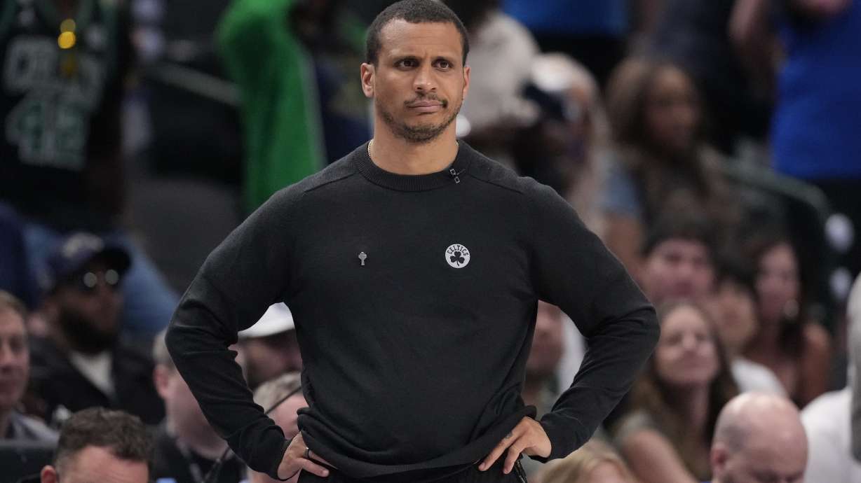 Boston Celtics head coach Joe Mazzulla watches play during the second half in Game 4 of the NBA basketball finals against the Dallas Mavericks, Friday, June 14, 2024, in Dallas.