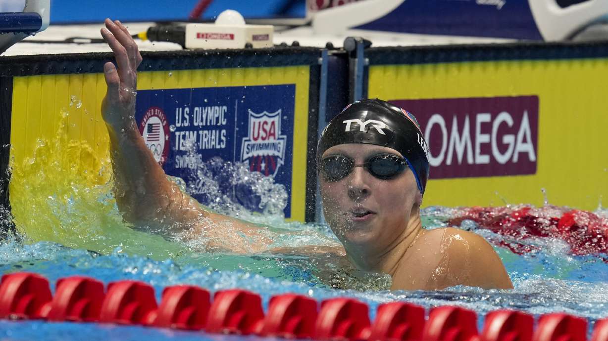 Katie Ledecky reacts after winning the Women's 400 freestyle finals heat Saturday, June 15, 2024, at the US Swimming Olympic Trials in Indianapolis.