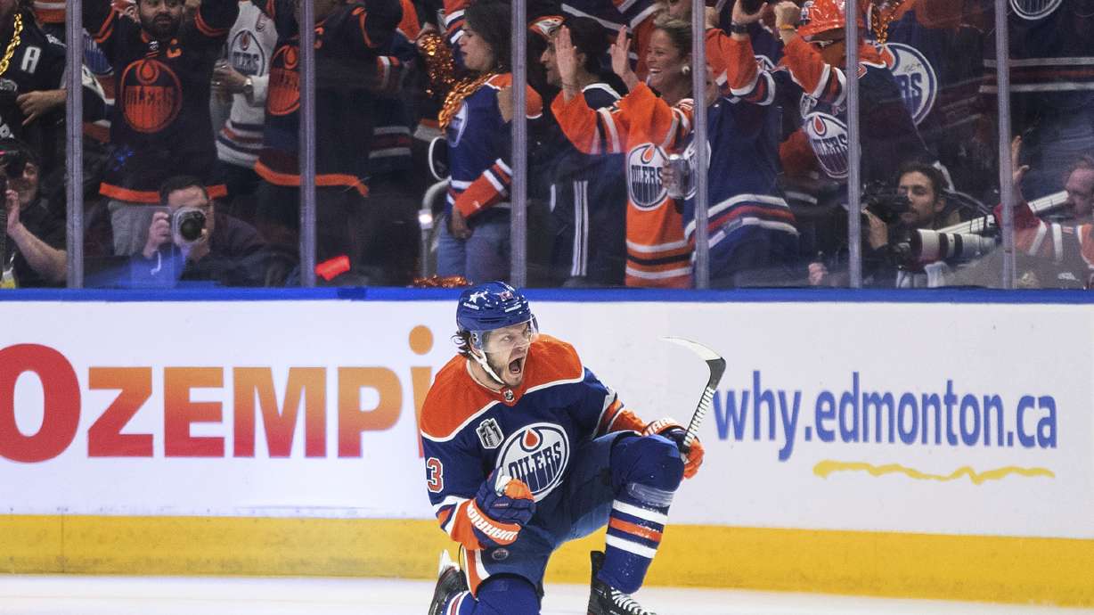 Edmonton Oilers' Mattias Janmark (13) celebrates a goal against the Florida Panthers during the first period of Game 4 of the NHL hockey Stanley Cup Final, Saturday, June 15, 2024, in Edmonton, Alberta.