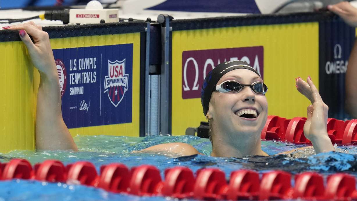 Gretchen Walsh reacts after winning the Women's 100 butterfly finals Sunday, June 16, 2024, at the US Swimming Olympic Trials in Indianapolis.