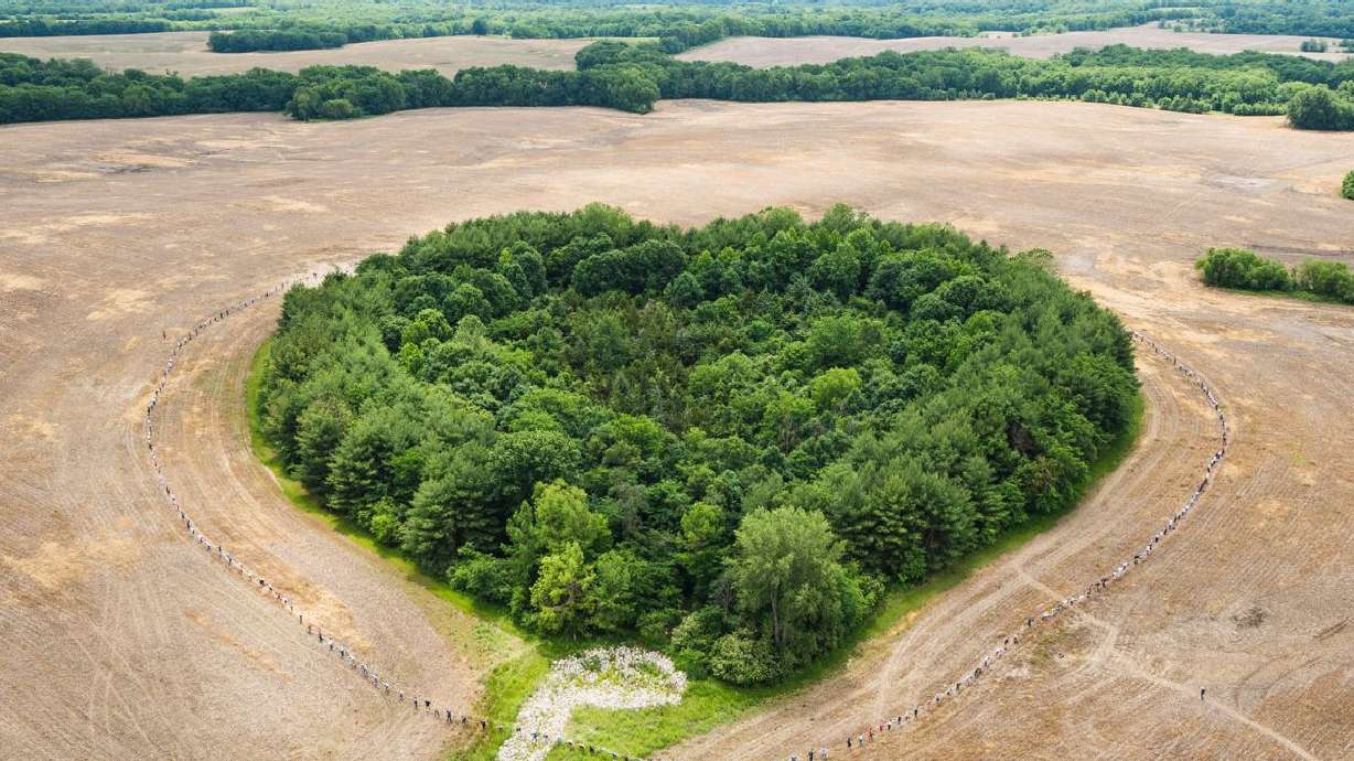 Young single adult Latter-day Saints in Kansas City, Mo., hold hands around the Heart Forest.