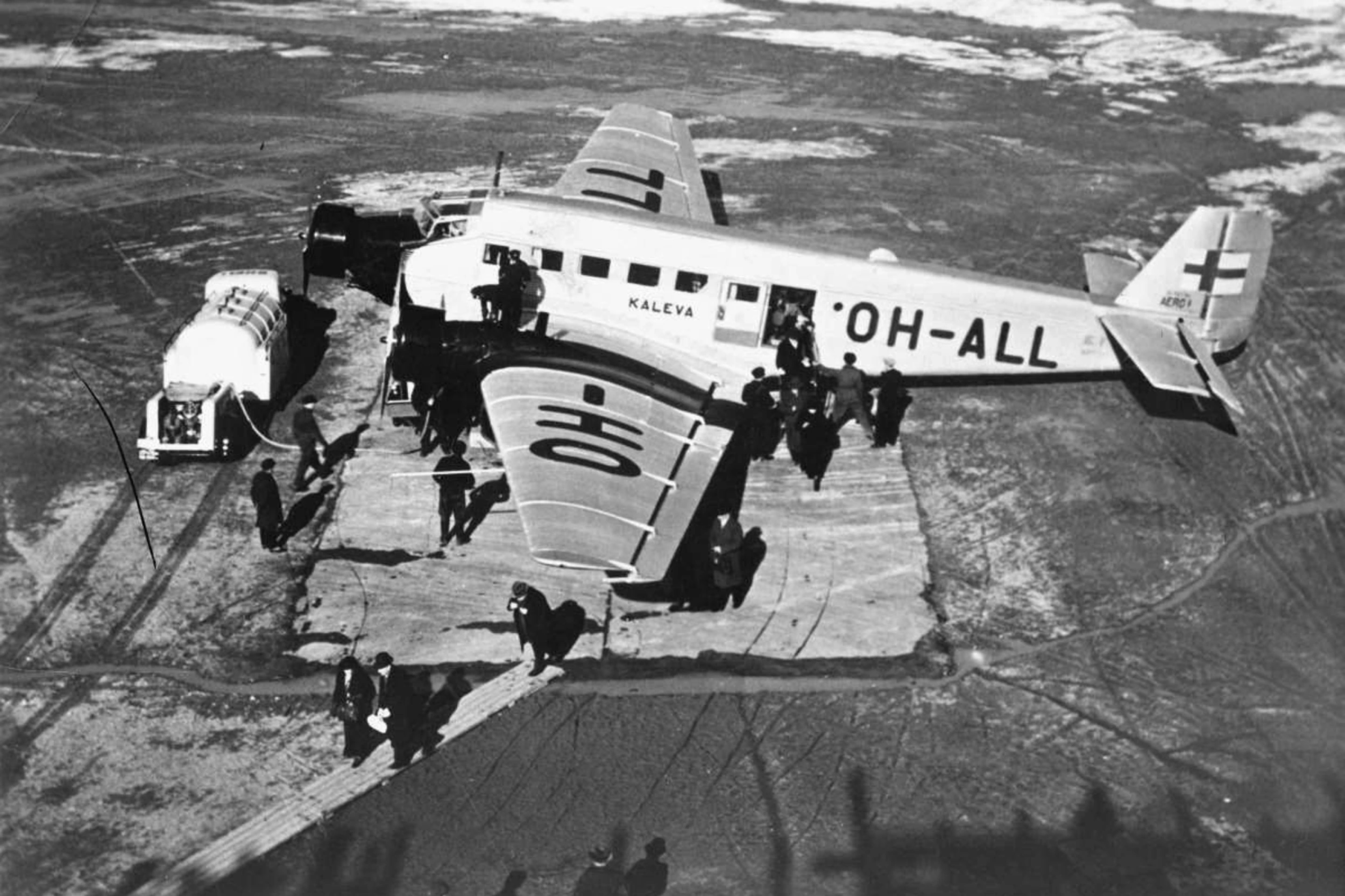 The Junkers Ju 52 aircraft "Kaleva" by the Finnish airline Aero is parked at Helsinki's Malmi Airport in this 1939 photo.