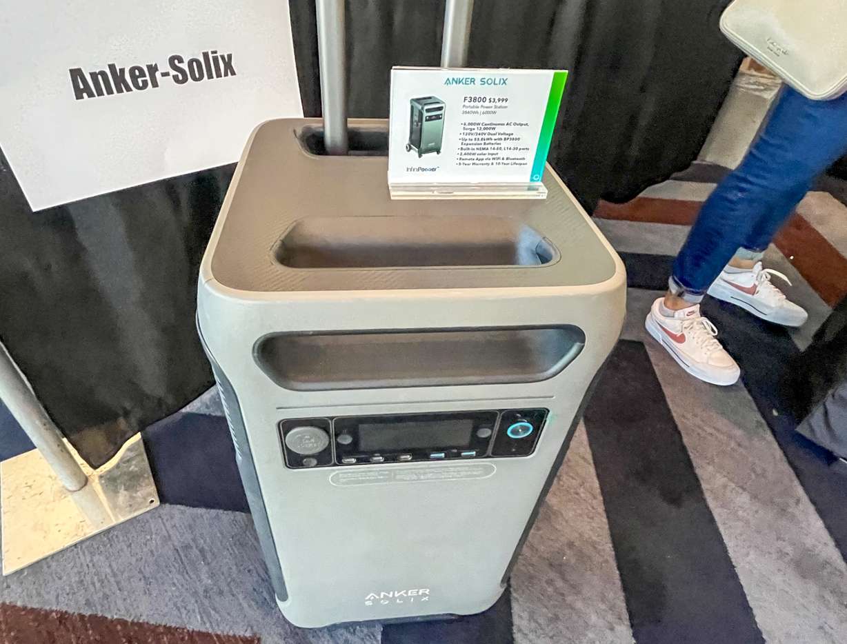 An Anker Solix F3800 power station is displayed during an Outdoor Retailer event in Salt Lake City on Sunday. It's the largest and most expensive power station the company has produced so far.