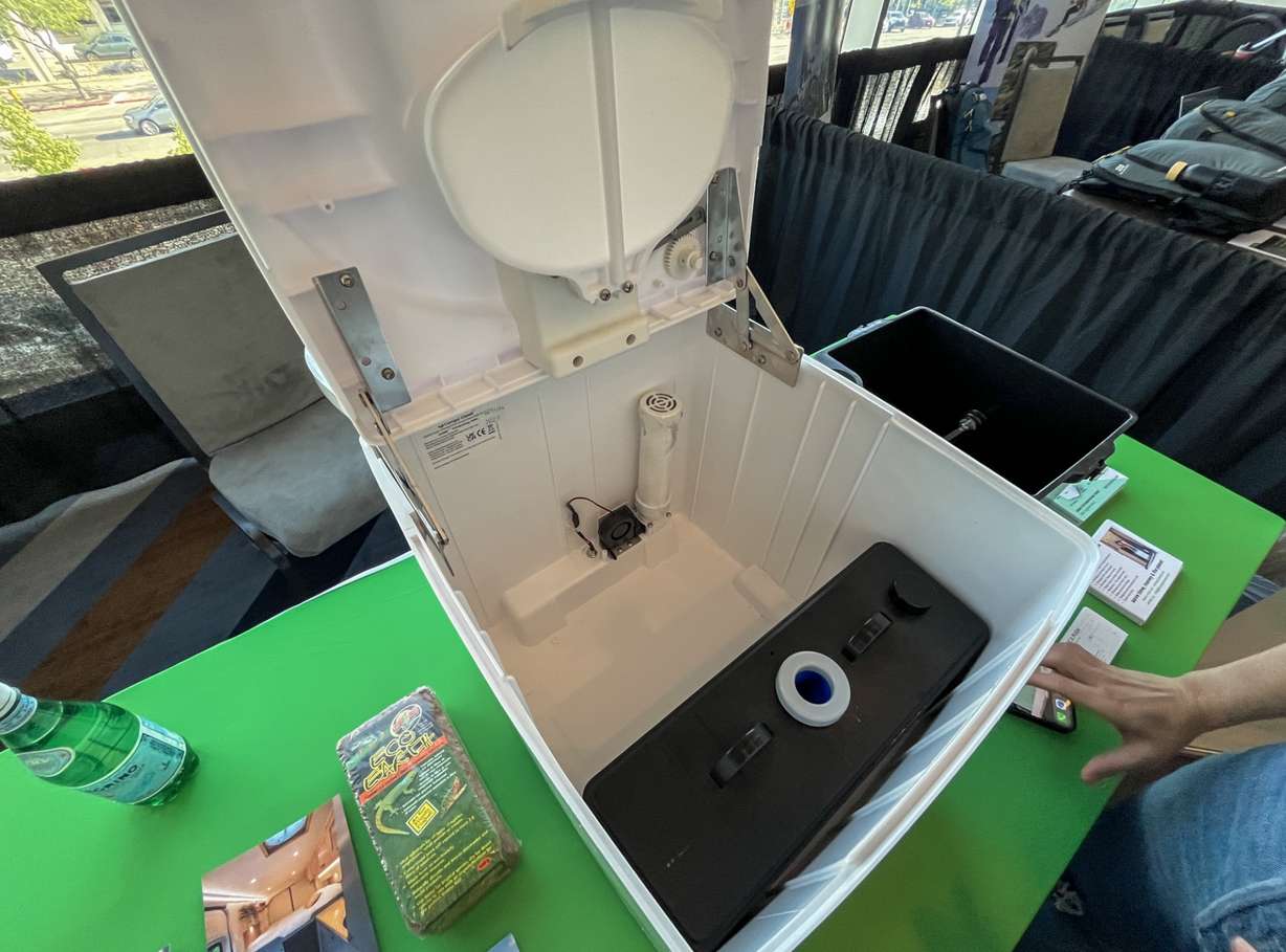 A Compo Closet portable toilet is displayed during an Outdoor Retailer event in Salt Lake City on Sunday.