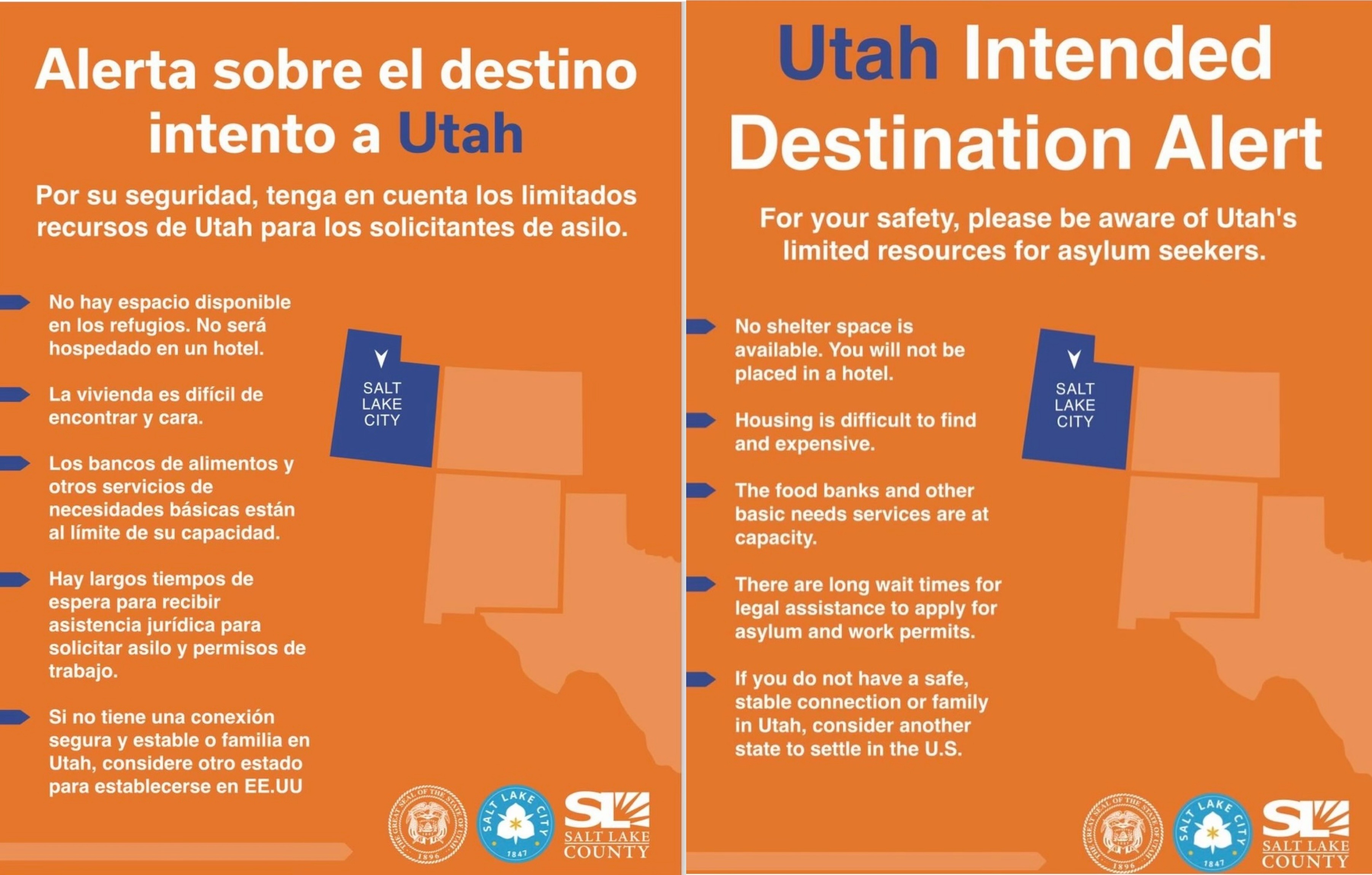 The state of Utah, Salt Lake City and Salt Lake County collaborated in creation of flyers in Spanish, left, and English warning asylum-seekers of limited services they may be able to access in Utah.