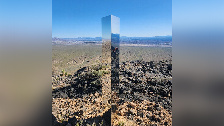 A reflective monolith found by Vegas Metro search and rescue crews near Gass Peak in Nevada over the weekend. Police are asking how it got there.