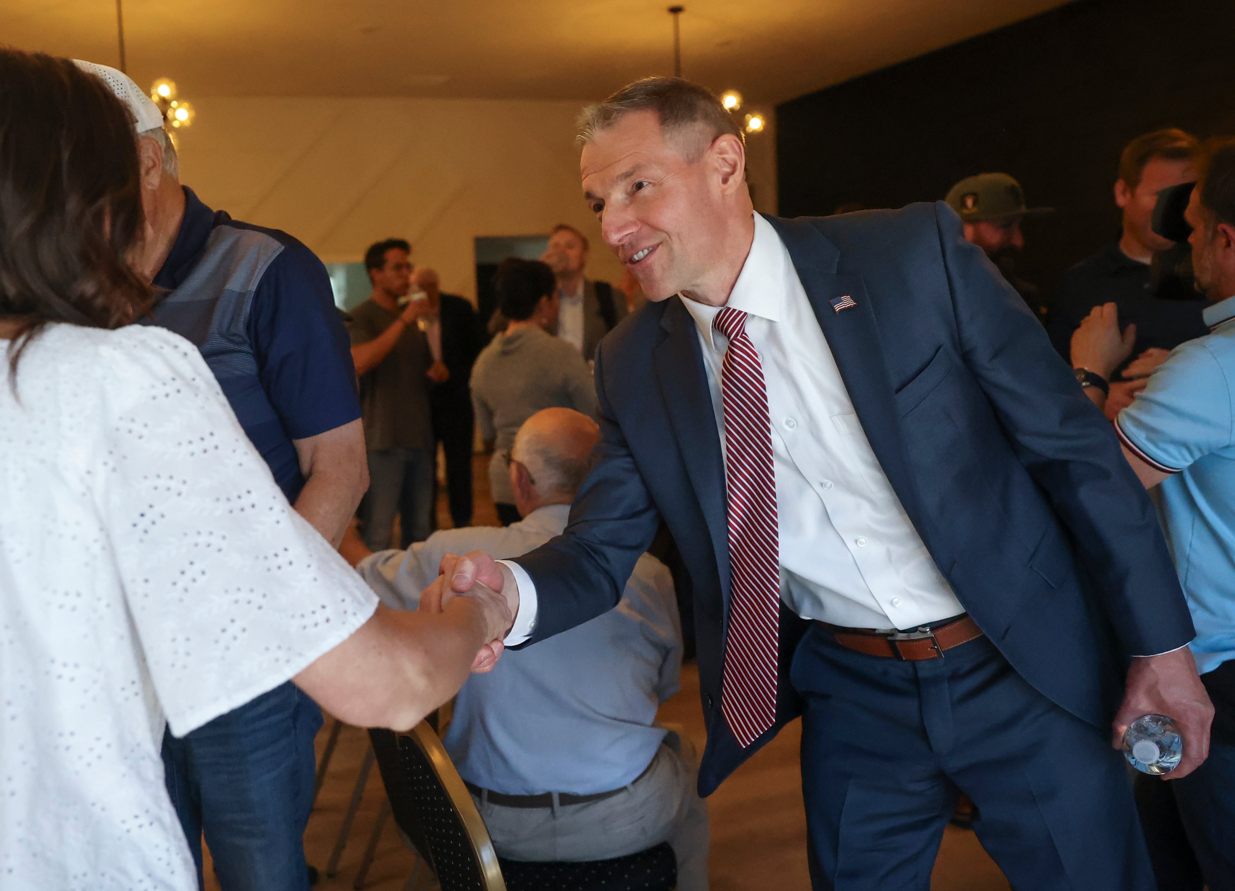Mike Kennedy shakes hands with an attendee after participating in Utah’s 3rd Congressional District debate at The Summit Event Center in Sandy on June 4. Sen. Mike Lee endorsed state Sen. Mike Kennedy, R-Alpine, for Utah's open 3rd Congressional District seat on Monday.