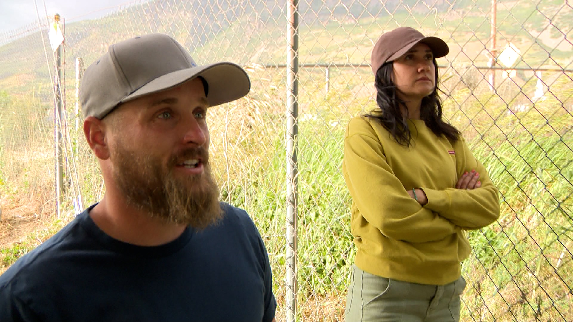 Jack and Katie Cleverley talking with KSL-TV about the fire that sparked near their property in the high winds on Monday in Utah County.