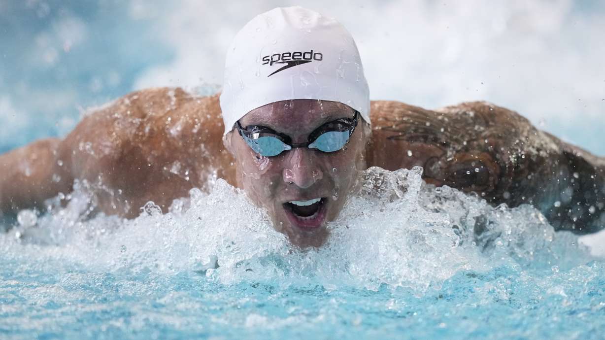 FILE - Caeleb Dressel swims the men's 100 butterfly during the Speedo Atlanta Classic finals Friday, May 12, 2023, in Atlanta.