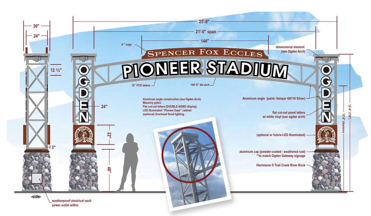 The image shows a rendering of the planned new entry to Pioneer Stadium in Ogden, to be renamed Spencer Fox Eccles Pioneer Stadium.