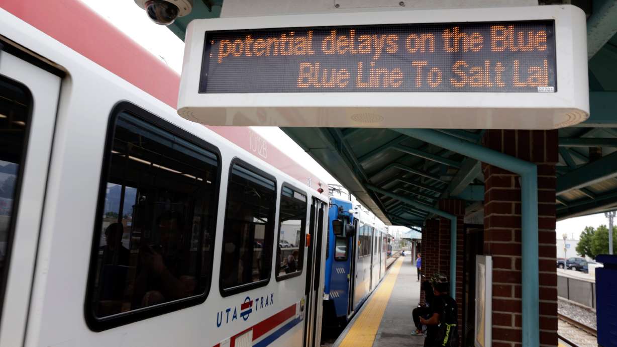 A sign at the Central Pointe TRAX Station along the Blue TRAX line in South Salt Lake on Aug. 1, 2022. A construction project near Central Pointe may cause major delays for blue, green and red line riders between Sunday and June 20, Utah transit officials warn.