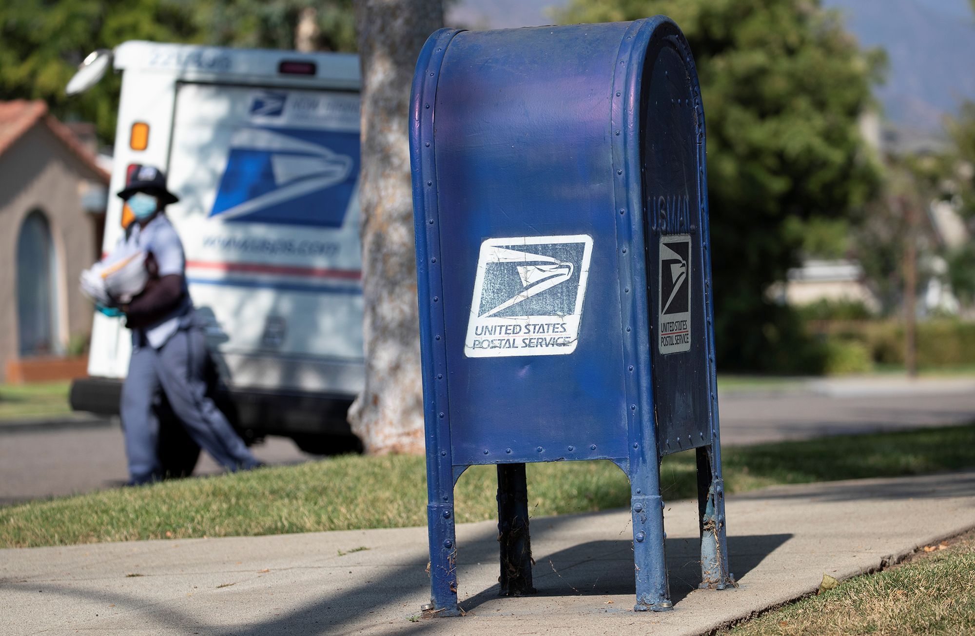 A United States Postal Service mailbox is pictured in Pasadena, California, in August 2020. Juneteenth is a holiday for the United States Postal Service, so it will not deliver mail.