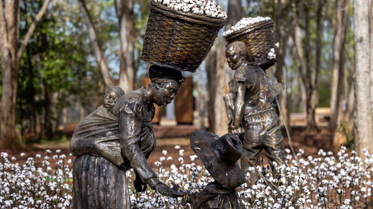 "Mama, I hurt my hand," by Kwame Akoto-Bamfo, bronze, 2023, during a media tour of Equal Justice Initiative's new Freedom Monument Sculpture Park. The park memorializes African Americans' centuries-long fight for freedom in Montgomery, Alabama.