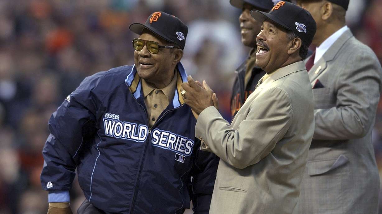 FILE - Willie Mays, left, is joined by former San Francisco Giants' Orlando Cepeda, right, Willie McCovey and Juan Marichal, front, before Game 3 of the World Series between the Giants and the Anaheim Angels in San Francisco,Oct. 22, 2002. Mays, the electrifying “Say Hey Kid” whose singular combination of talent, drive and exuberance made him one of baseball’s greatest and most beloved players, has died. He was 93. Mays' family and the San Francisco Giants jointly announced Tuesday night, June 18, 2024, he had “passed away peacefully” Tuesday afternoon surrounded by loved ones.