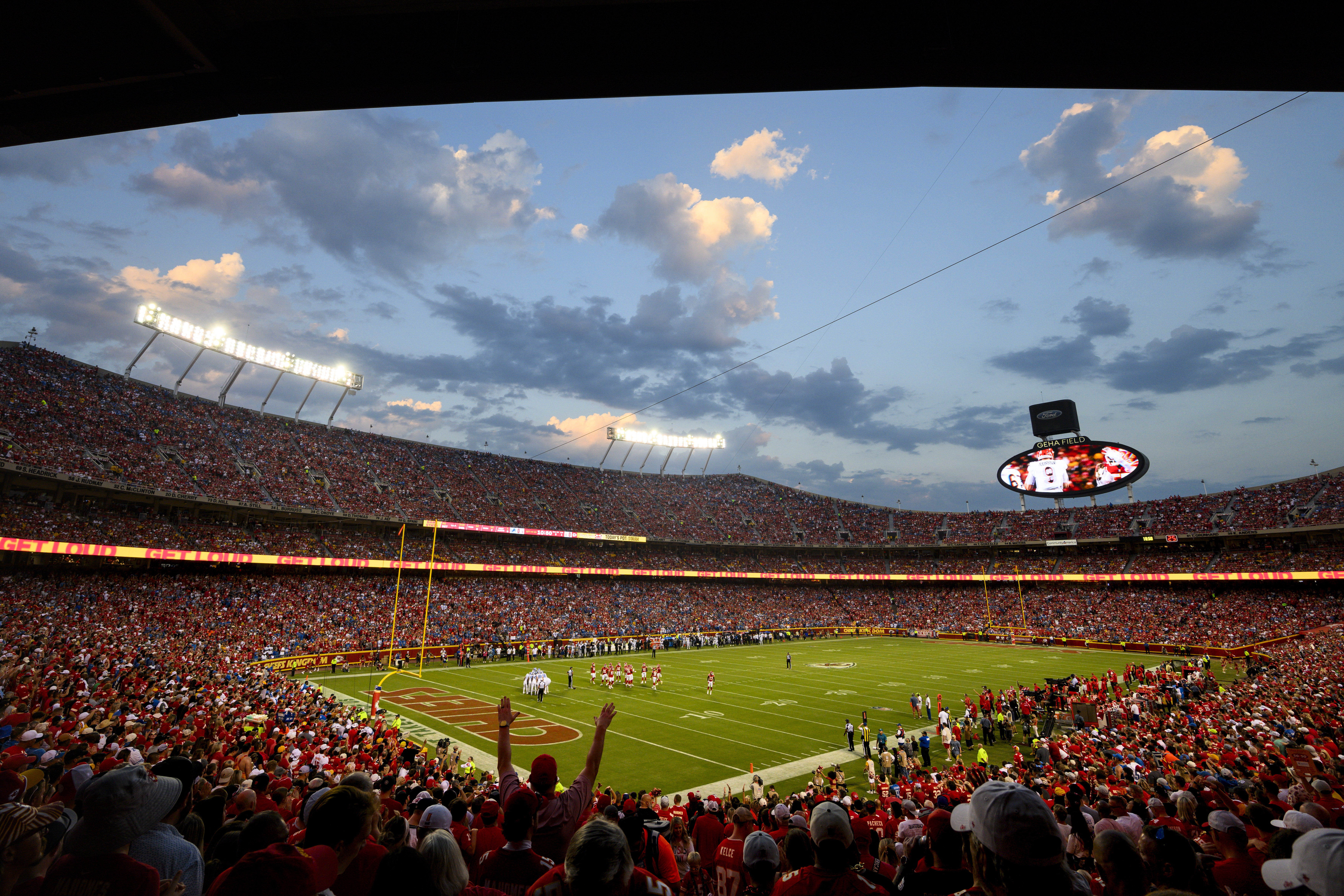 FILE - Fans cheer at Arrowhead Stadium during the first half of an NFL football game between the Kansas City Chiefs and the Detroit Lions, Sept. 7, 202, in Kansas City, Mo. The Kansas Legislature's top leaders endorsed helping the Chiefs and professional baseball's Kansas City Royals finance new stadiums in Kansas ahead of a special session set to convene Tuesday. The plan would authorize state bonds for stadium construction and pay them off with revenues from sports betting, the Kansas Lottery and new tax dollars generated in and around the new venues. 