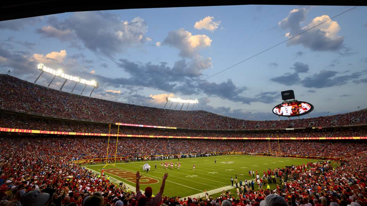 FILE - Fans cheer at Arrowhead Stadium during the first half of an NFL football game between the Kansas City Chiefs and the Detroit Lions, Sept. 7, 202, in Kansas City, Mo. The Kansas Legislature's top leaders endorsed helping the Chiefs and professional baseball's Kansas City Royals finance new stadiums in Kansas ahead of a special session set to convene Tuesday. The plan would authorize state bonds for stadium construction and pay them off with revenues from sports betting, the Kansas Lottery and new tax dollars generated in and around the new venues.