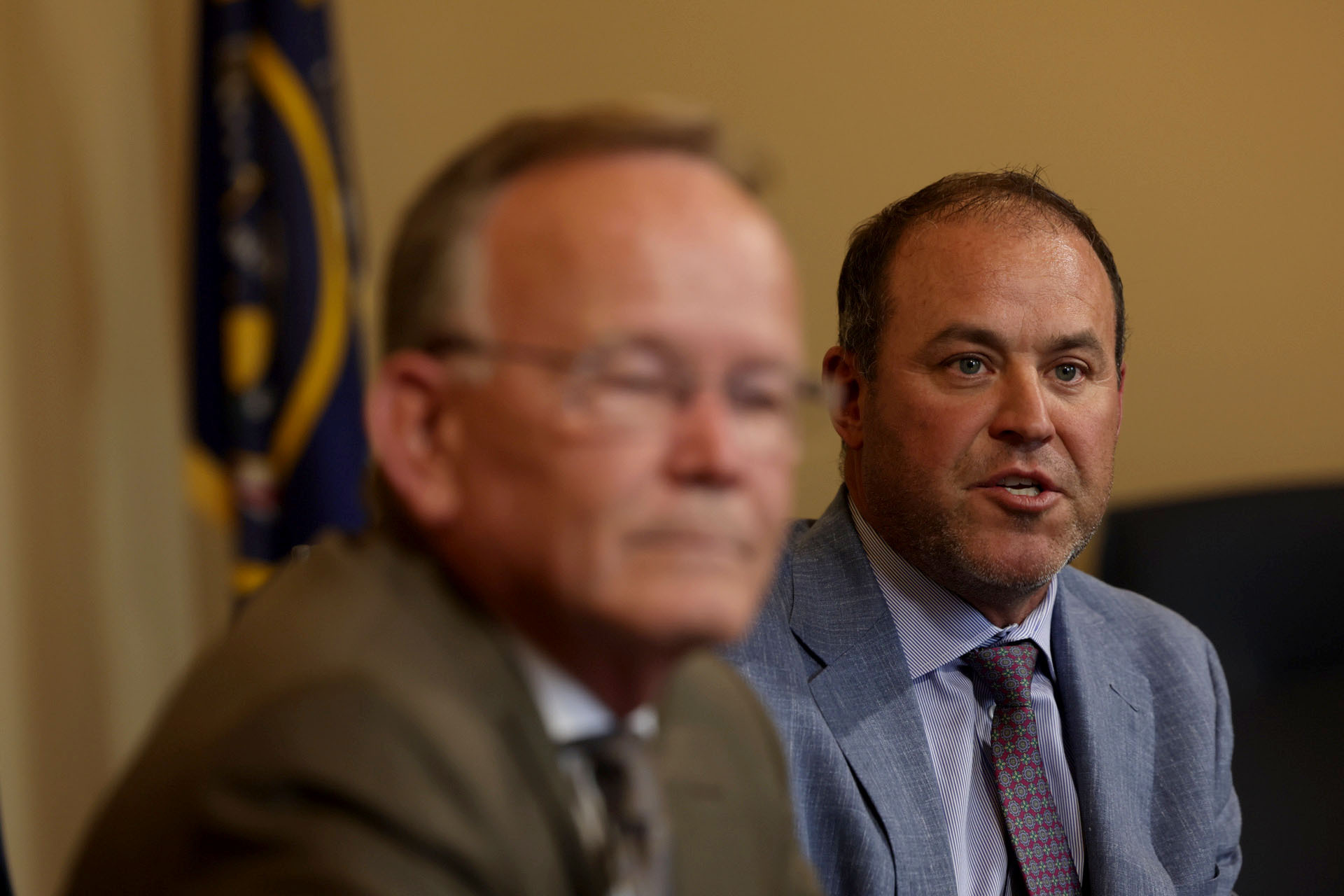 From left, Senate President Stuart Adams and Utah House Speaker Mike Schultz speak at the Utah Capitol in Salt Lake City on Wednesday.