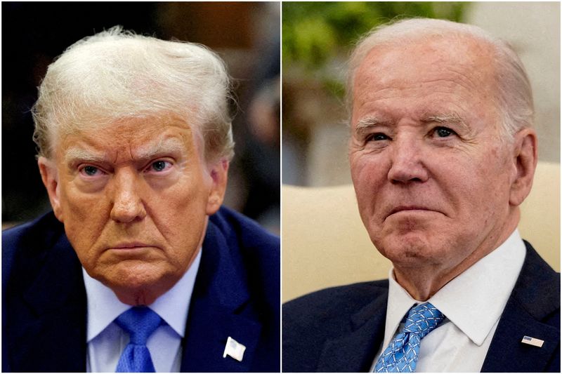 Combination picture showing former president Donald Trump in court in New York City, Nov. 6, 2023, and President Joe Biden in the Oval Office at the White House in Washington, March 1. Undecided voters are looking to next week's debate to help decide their vote.