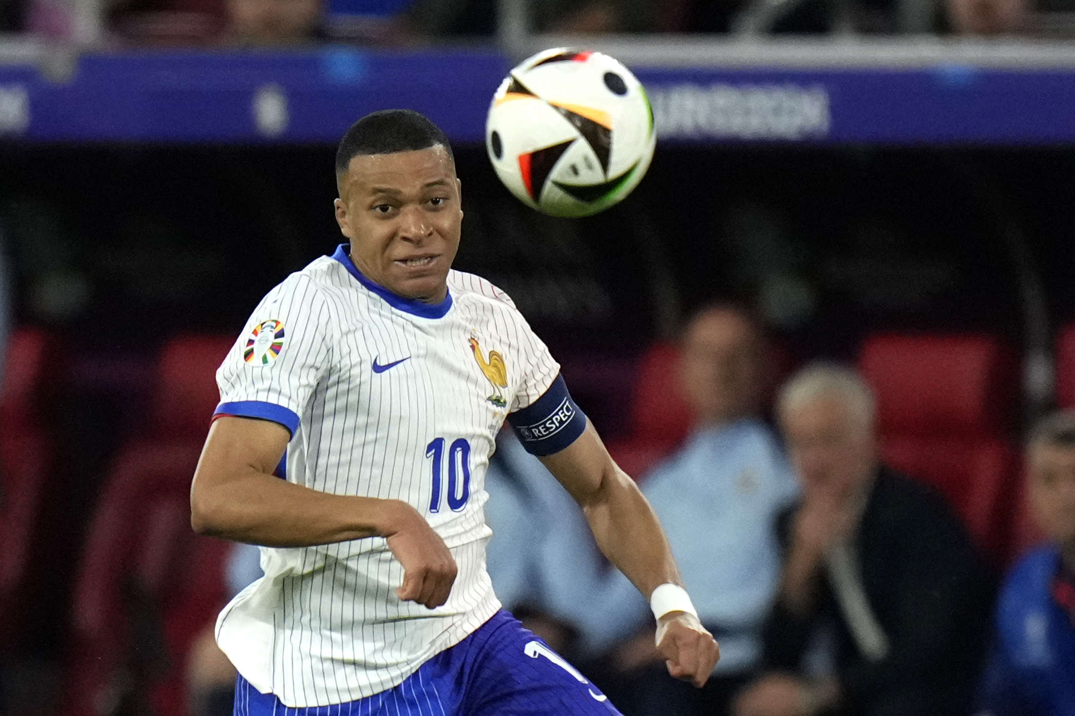 Kylian Mbappe of France controls the ball during a Group D match between Austria and France at the Euro 2024 soccer tournament in Duesseldorf, Germany, Monday, June 17, 2024. 