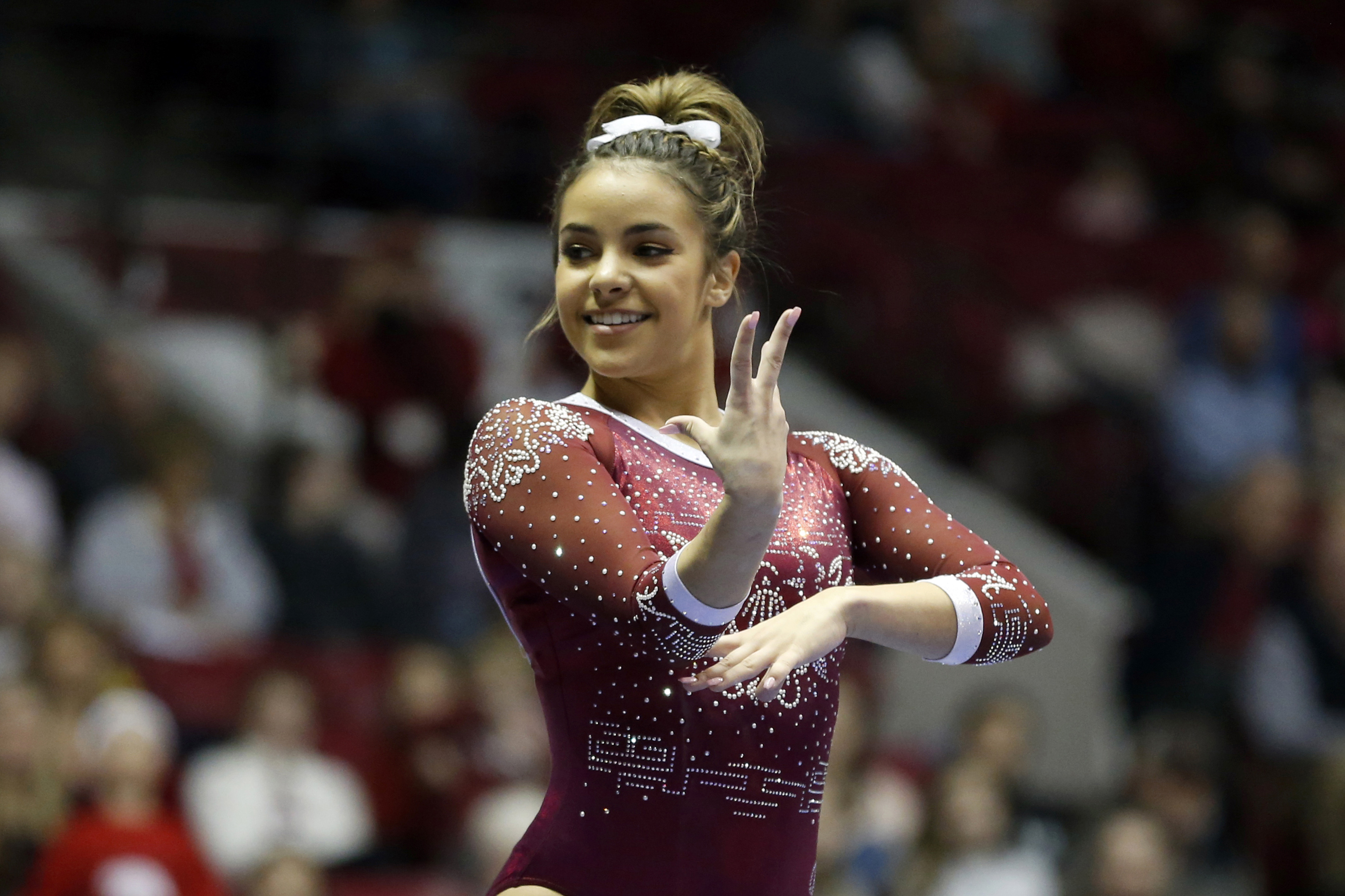 FILE - Alabama's Luisa Blanco competes during an NCAA Women's gymnastics meet Friday, Feb. 14, 2020, in Tuscaloosa, Ala. Blanco, who will compete for Colombia at the Paris Olympics, is considering extending her career by participating in the Global Impact Gymnastics Alliance, a start-up professional league that is hoping to start holding events in 2025. 