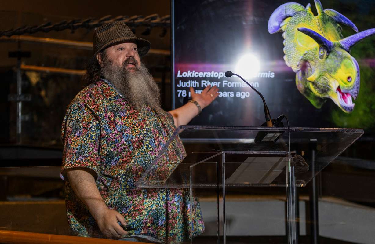 Mark Loewen of the Natural History Museum of Utah and University of Utah, a co-lead author of the study, speaks during the unveiling of a new species of dinosaur, Lokiceratops rangiformis, found in the ancient swamps of northern Montana at the Natural History Museum of Utah in Salt Lake City on Thursday.