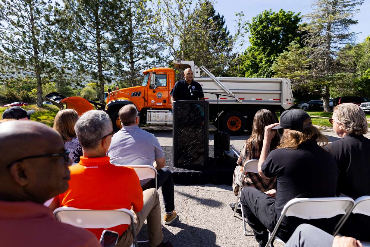 Shailen Bhatt, federal highway administrator, speaks at a press conference about UDOT’s “Connect the West” initiative thanks to a major federal grant near Foothill Drive in Salt Lake City on Thursday.