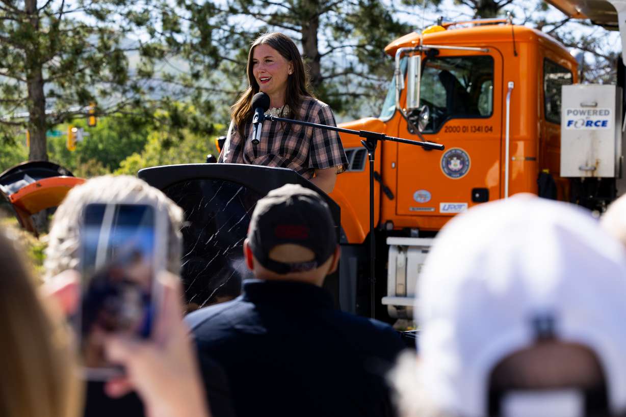 Salt Lake City Mayor Erin Mendenhall speaks at a press conference about UDOT’s “Connect the West” initiative thanks to a major federal grant near Foothill Drive in Salt Lake City on Thursday.