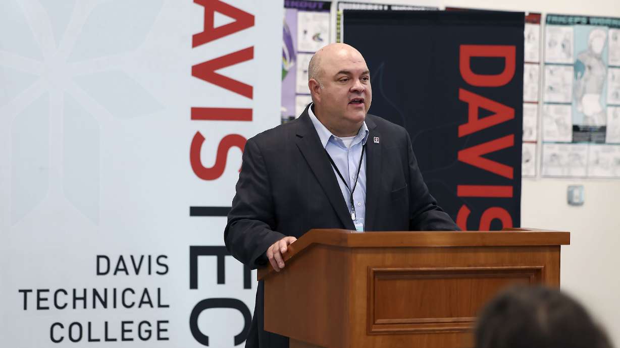Darin Brush, president of Davis Technical College, speaks at a press conference on Aug. 25, 2023. Davis Tech is taking steps to help students navigate past criminal records on their way to employment and professional licensure.