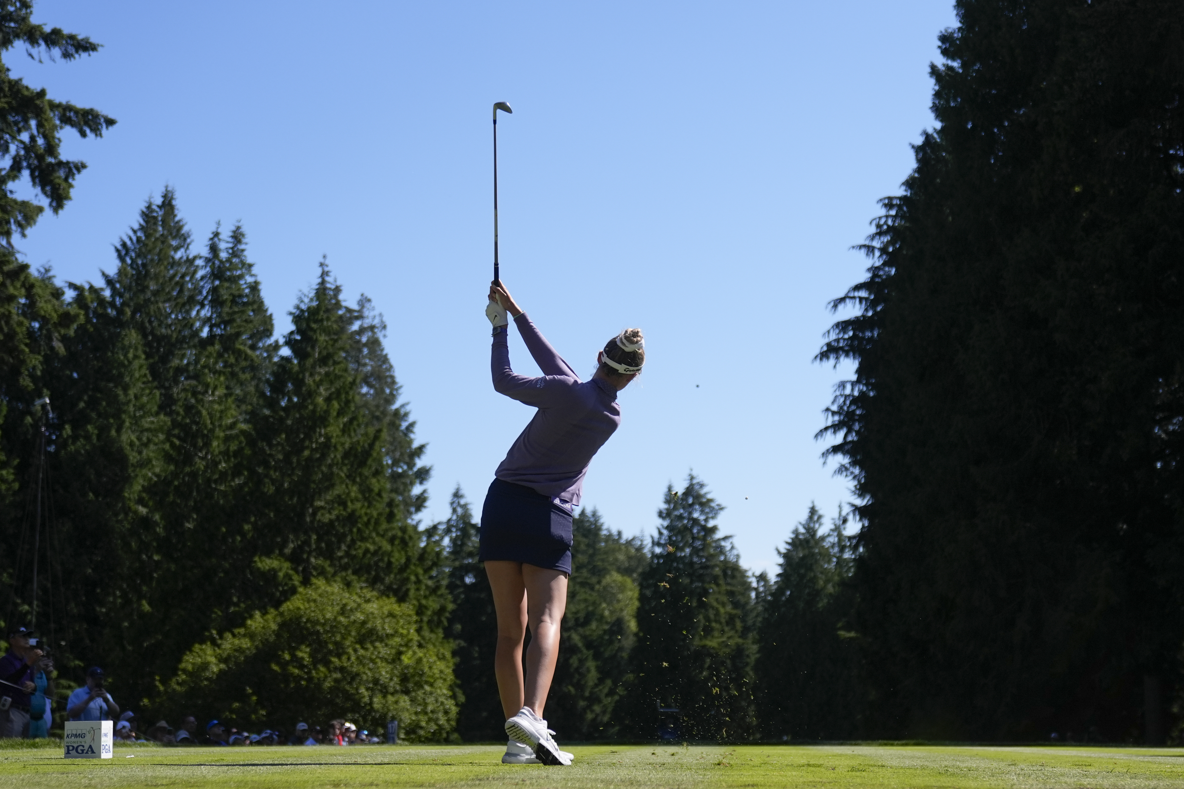 Nelly Korda hits from the 17th tee during the first round of the Women's PGA Championship golf tournament at Sahalee Country Club, Thursday, June 20, 2024, in Sammamish, Wash. 
