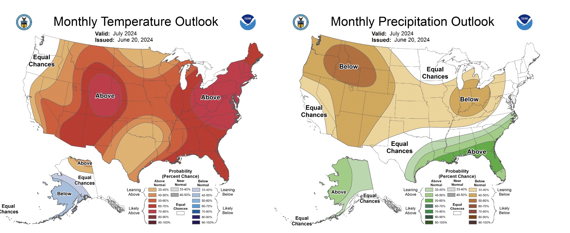 These maps show long-range precipitations and temperature outlooks for the U.S. in July. The Climate Prediction Center estimates stronger odds for hotter- and drier-than-normal conditions across Utah.