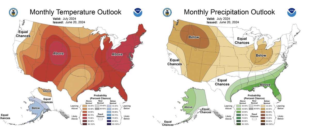 These maps show long-range precipitations and temperature outlooks for the U.S. in July. The Climate Prediction Center estimates stronger odds for hotter- and drier-than-normal conditions across Utah.
