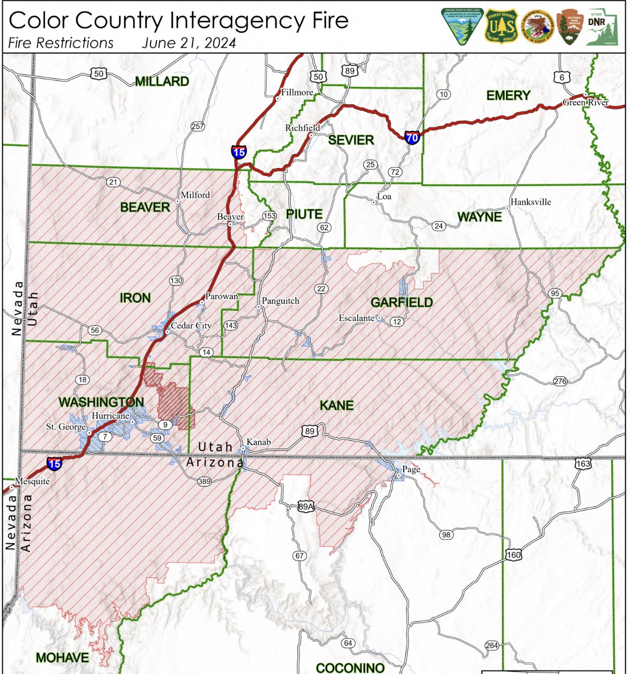 This map shows where Stage I and Stage II fire restrictions exist in southwest Utah and northwest Arizona as of Friday.