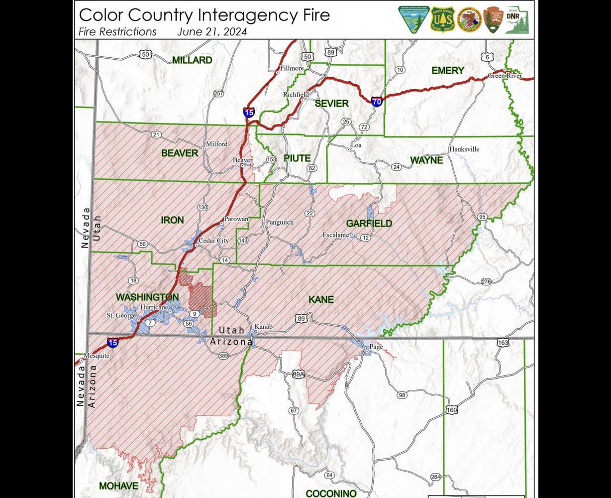 This map shows where Stage I and Stage II fire restrictions exist in southwest Utah and northwest Arizona as of Friday.