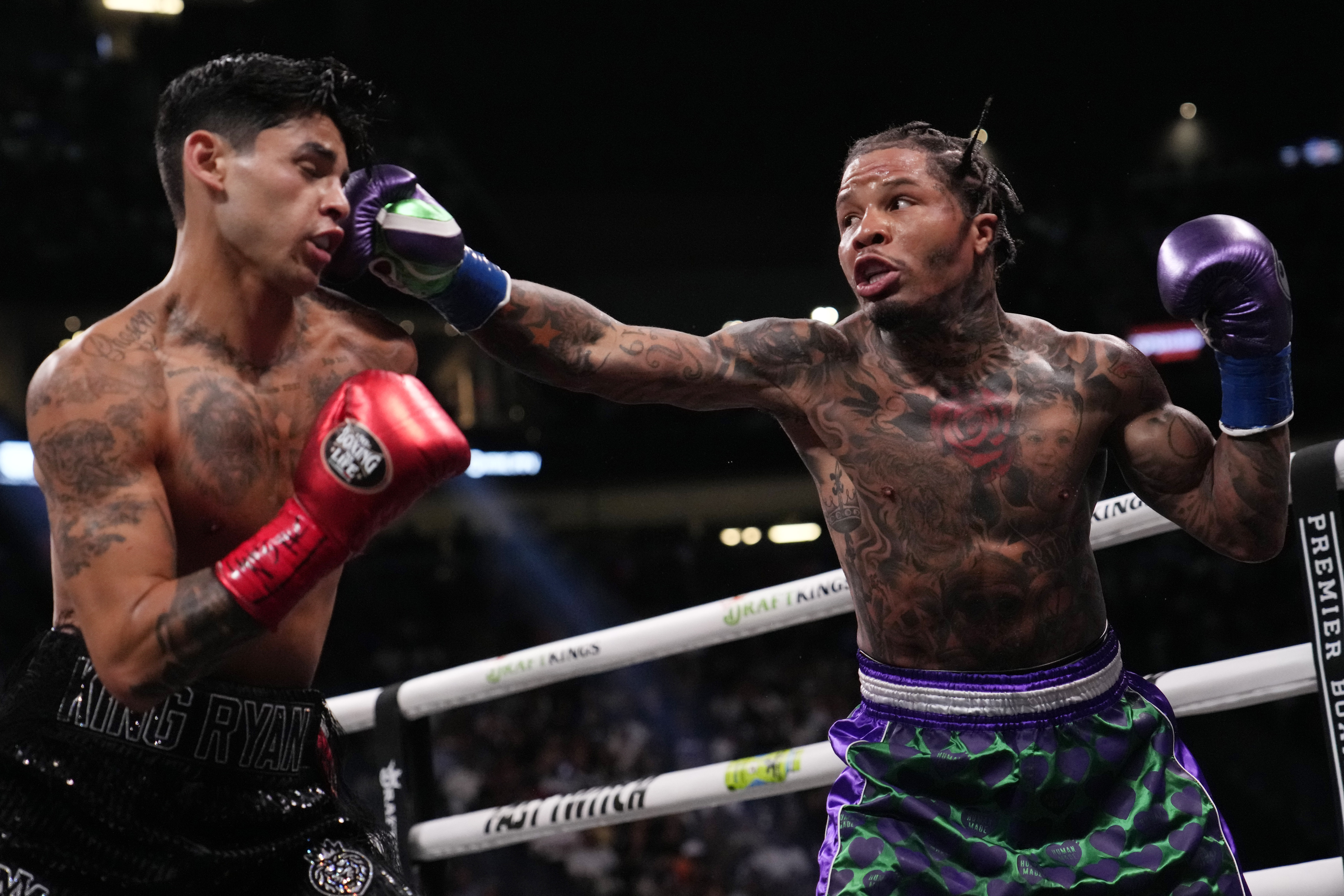 FILE - Gervonta Davis hits Ryan Garcia during a lightweight boxing bout Saturday, April 22, 2023, in Las Vegas. The last time Gervonta Davis was seen in the ring, he had just dismantled Ryan Garcia with a seventh-round knockout. That was more than a year ago. Davis returns Saturday, June 15, 2024, to take on fellow undefeated fighter Frank Martin for the WBA lightweight championship. 