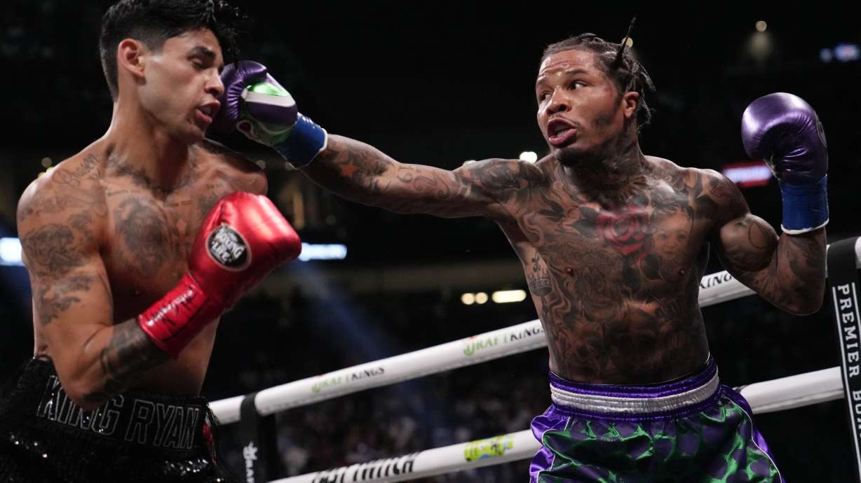 FILE - Gervonta Davis hits Ryan Garcia during a lightweight boxing bout Saturday, April 22, 2023, in Las Vegas. The last time Gervonta Davis was seen in the ring, he had just dismantled Ryan Garcia with a seventh-round knockout. That was more than a year ago. Davis returns Saturday, June 15, 2024, to take on fellow undefeated fighter Frank Martin for the WBA lightweight championship.