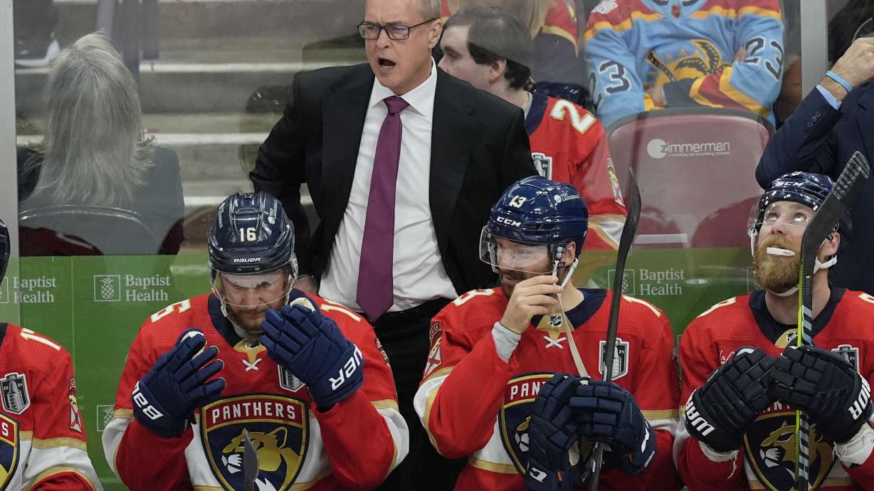 Florida Panthers head coach Paul Maurice gestures during the second period of Game 5 of the NHL hockey Stanley Cup Finals against the Edmonton Oilers, Tuesday, June 18, 2024, in Sunrise, Fla.