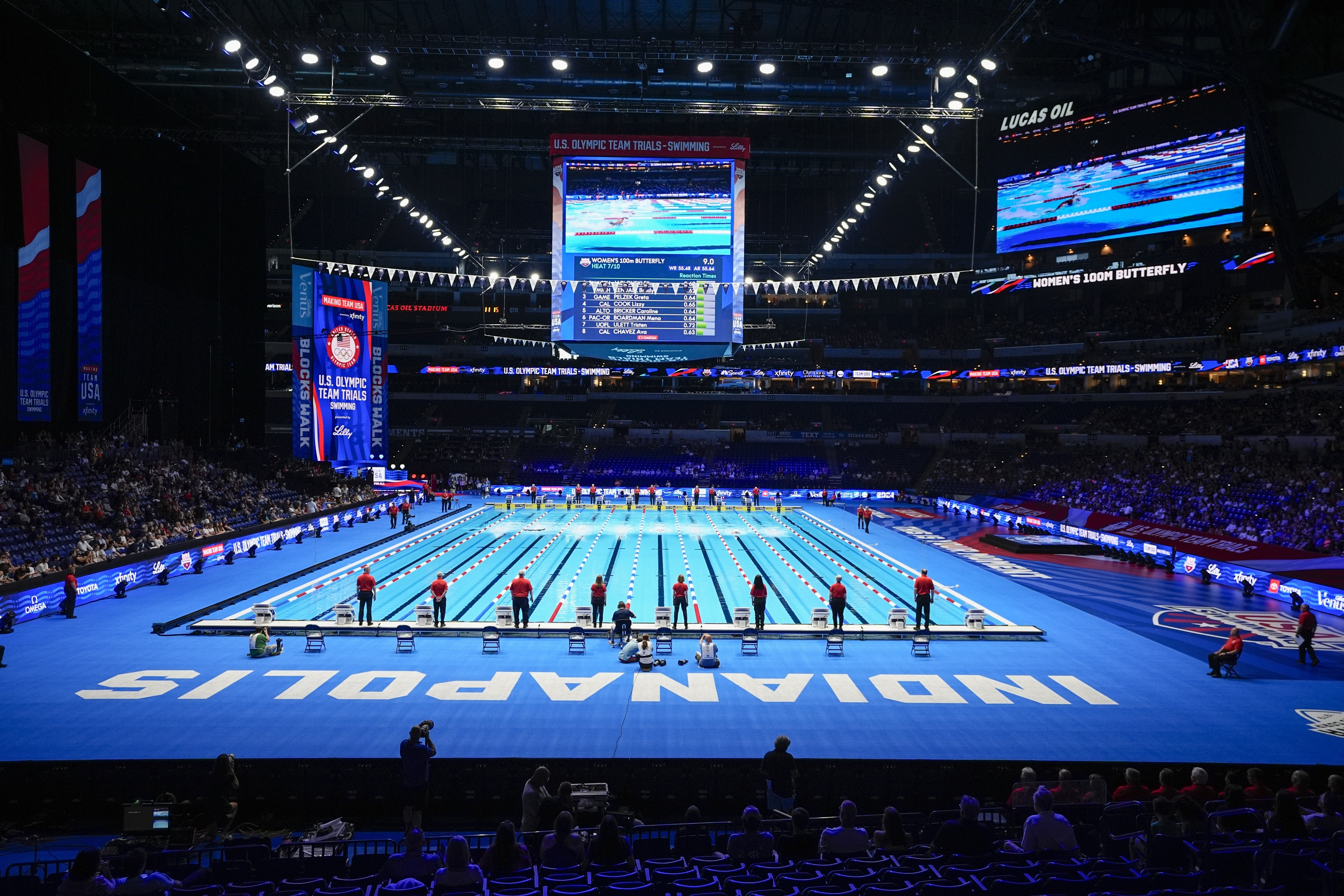 Swimmer participate in the Women's 100 Butterfly Saturday, June 15, 2024, at the US Swimming Olympic Trials in Lucas Oil Stadium in Indianapolis.