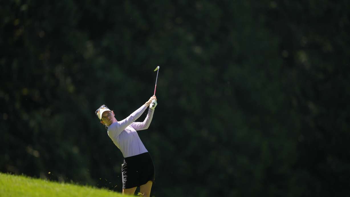 Sarah Schmelzel hits on the fairway of the 14th hole during the second round of the Women's PGA Championship golf tournament at Sahalee Country Club, Friday, June 21, 2024, in Sammamish, Wash.