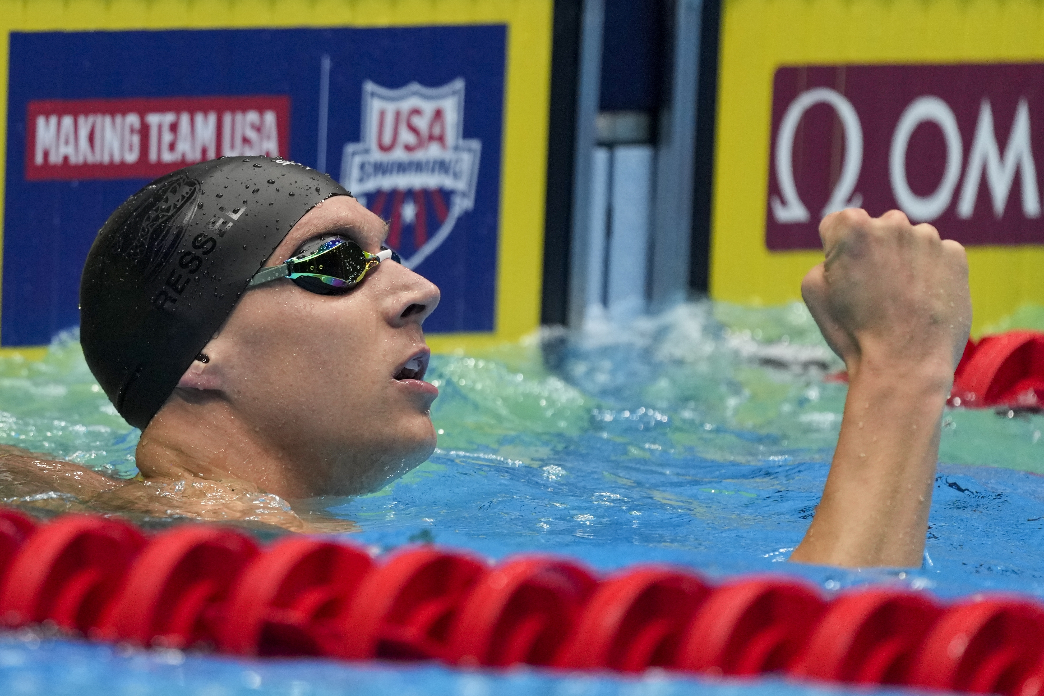 Caeleb Dressel reacts after the Men's 50 freestyle finals Friday, June 21, 2024, at the US Swimming Olympic Trials in Indianapolis. 